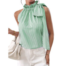 Women'S Tank Tops High Necked Ruffle Striped Tie Sleeveless Blouse Top Light Green S