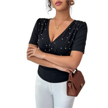 Blusas Femininas Y2K com Decote em V Profundo, Manga Curta, Lindas e com Detalhes em Pérola, Perfeitas para o Verão. Preto XXL