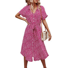 Zomerjurk voor Dames met Bloemenprint, Korte Mouwen, Overslagmodel, V-Hals, A-Lijn, Midi-Lengte Rood XS