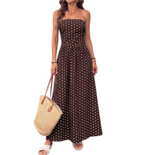 Damesjurk met Stippen, Strapless, Geplooide Tube Top, Casual Mouwloze Zwierige Maxi-Jurk Koffiebruin M