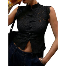 Blusa Sem Mangas de Guipure com Gola Mandarina de Renda para Mulheres Preto M