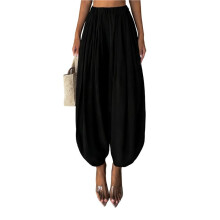 Calça Feminina de Perna Larga e Afunilada, Estilo Palazzo Casual, Folgada, com Cintura Elástica, Ideal para Praia. Preto XL
