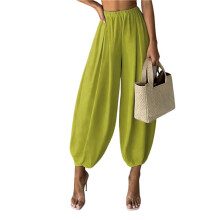 Calça Feminina de Perna Larga e Afunilada, Estilo Palazzo Casual, Folgada, com Cintura Elástica, Ideal para Praia. Verde Matcha XL