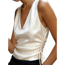 Blusa de Cetim Feminina, Decote em V, Tops Elegantes, com Laço Lateral, Camisas Casuais de Negócios de Verão Cor Damasco L