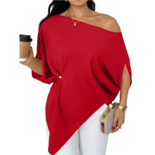 Women'S Off the Shoulder Asymmetrical Tops Dressy Dolman Sleeve Ruched Going Out Blouse Red XXL