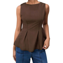 Blusa Feminina Sem Mangas com Peplum, Modelagem Slim Fit, Gola Redonda, Ideal para Ocasiões Formais e Informais, Perfeita para o Verão. Marrom S