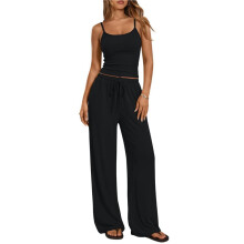 Women'S 2 Piece Lounge Set Spring Outfits - Camisole Top & Wide Leg Pants Black M