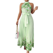 Vestido Maxi Halter Floral Elegante para Mulheres, Clássico, Plissado, em A, Fluido, para Convidadas de Casamento no Verão Verde Claro XL