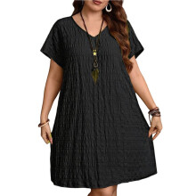 Vestido Solto de V Neck para Mulheres Size, Manga Curta, Texturizado, Casual, Tunic de Verão Preto XXXL