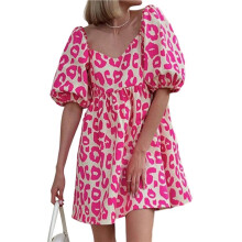 Jurken voor Dames: V-Hals, Ruches, Korte Mouwen, Babydoll-Jurk, Zomerjurk Roze S