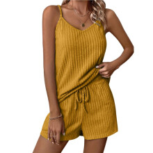 Womens Two Piece Short Sets Solid Color Ribbed Top and Shorts Two-Piece Set Ginger Yellow XL