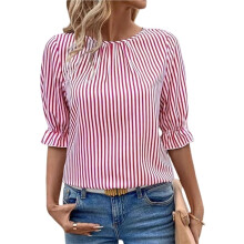 Blusa de Gola Redonda Listrada para Mulheres com Botão Nas Costas e Mangas com Renda, Tops Casuais para Trabalho Vermelho XXL