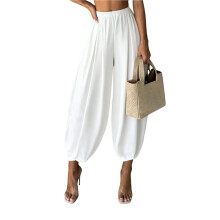 Calça Feminina de Perna Larga e Afunilada, Estilo Palazzo Casual, Folgada, com Cintura Elástica, Ideal para Praia. Branco XXL