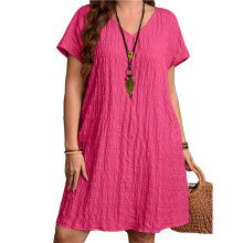 Vestido Solto de V Neck para Mulheres Size, Manga Curta, Texturizado, Casual, Tunic de Verão Vermelho Rosa XXL
