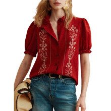 Dames Boho Geborduurde Blouse Puff Korte Mouw Knopen Zomer Boeren Top Rood XL