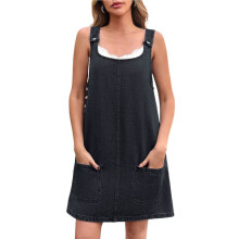 Damen Crewneck Ärmelloses Denim Latzkleid mit Verstellbaren Trägern und Taschen Schwarz M