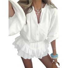 Women'S Shirt and Shorts Set Summer Loose-Fit Cardigan Top Ruffled Shorts Set White L