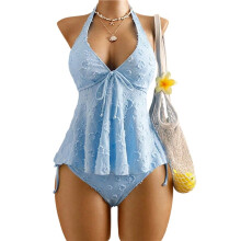 Frauen Tankini Badeanzüge Texturiert Fließendes Halter Bikini Set Bauchkontrolle Anständige Badeanzüge Hellblau S
