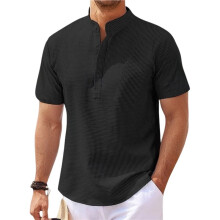 Men'S Casual Henley Shirt Short Sleeve Band Collar Shirt Summer Beach Hippie T-Shirts Black XXL
