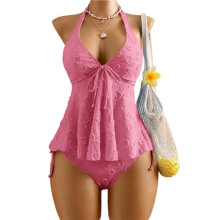 Frauen Tankini Badeanzüge Texturiert Fließendes Halter Bikini Set Bauchkontrolle Anständige Badeanzüge Rosenrot L