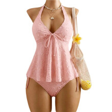 Frauen Tankini Badeanzüge Texturiert Fließendes Halter Bikini Set Bauchkontrolle Anständige Badeanzüge Rosa S