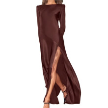 Langärmeliges, Geschlitztes Abendkleid für Damen, Elegantes Maxikleid für Hochzeitsgäste und Partys Tiefrot M