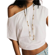 Frauen Off-Shoulder Tops Übergroße T-Shirts Kurzarm-T-Shirts Sommer Freizeit Frühjahrsbekleidung Weiß L