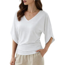 Blusas Femininas para Primavera/Verão, Elegantes e Casuais, com Decote em V, Manga 3/4 Morcego e Franzidos. Branco L