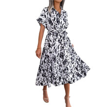 Damen-Hemdkleid mit Leopardenmuster, Kragen, Kurzen Ärmeln, Bindegürtel in der Taille, A-Linien-Midikleid Weiß M