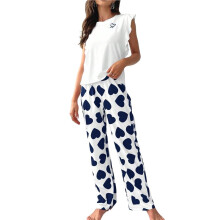 Conjunto de Pijama para Mujer con Estampado de Corazones, Top con Mangas con Volantes y Pantalones Largos, Ropa de Estar por Casa Informal Corazón