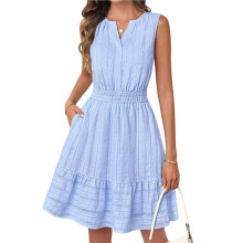 Damen Sommer Lässiges Strandkleid Ärmellos V-Ausschnitt Fließendes A-Linien Kleid mit Taschen Hellblau L
