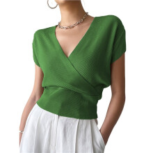 Suéter Corto Ajustado de Punto Acanalado con Cuello en V y Parte Delantera Cruzada para Mujer Verde XL