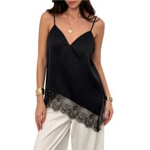 Blusa Regata Feminina de Cetim com Detalhes em Renda, Decote em V e Alças Finas Assimétricas. Preto XL