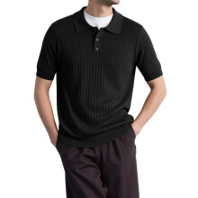 Herren Rippstrick Kurzarm Knopf-Front Klassisches Freizeithemd mit Kragen Schwarz M