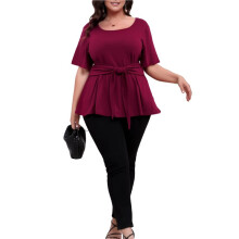 Womens Size Short Sleeve Round Neck Tie-Waist Slimming Top T-Shirt Wine Red XXL