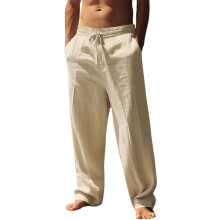 Men'S Linen Blend Elastic Waist Drawstring Wide Leg Casual Beach Pants Khaki XXL