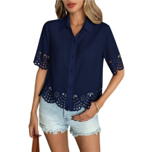 Womens Three-Quarter Bell Sleeve Button Down Shirts Casual Ruffle Hem Tops Eyelet Blouse Deep L