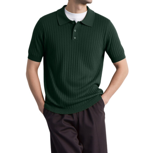 Herren Rippstrick Kurzarm Knopf-Front Klassisches Freizeithemd mit Kragen Grün M