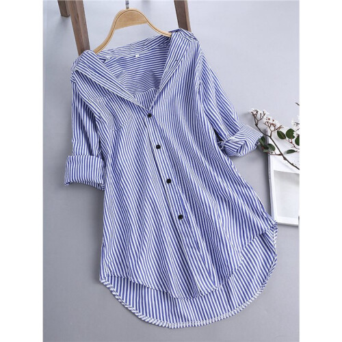 Womens Striped Button Down Shirts Classic Long Sleeve Stylish Collared Work Blouses Tops Deep  L 1