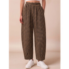 Women'S Plaid Pants Casual Loose Wide Leg Lounge Gingham Trousers Fashion Beach Bottoms Caramel Color XL