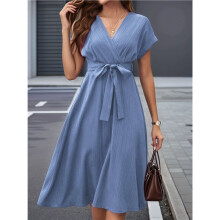 Women Summer Bohemian Casual Wrap V Neck Ruffle Cap Sleeve Belt A Midi Sun Dress Sky M