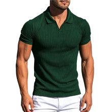 Men'S Collared Muscle Shirts Slim Fit Short Sleeve V Neck T Shirts Men Ribbed Shirt Casual Dark Green XL