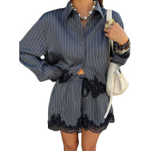 Women'S Striped Lace Trim Button Down Shirt & Drawstring Shorts Two-Piece Outfit Sets Dark Gray L