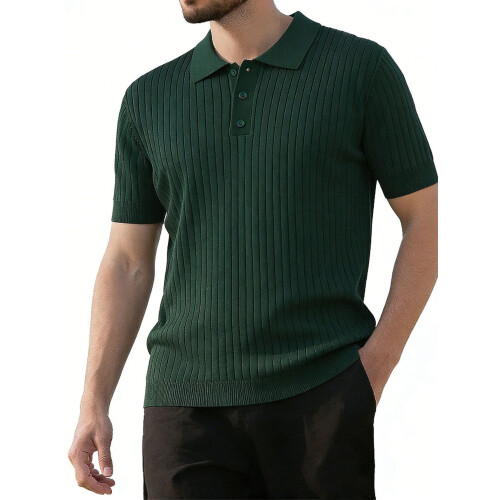 Herren Rippstrick Kurzarm Knopf-Front Klassisches Freizeithemd mit Kragen Grün M 1
