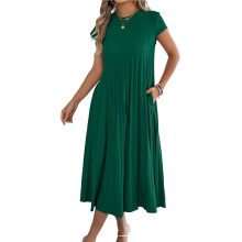 Women Summer Casual Midi Dresses Short Sleeve V Neck Elastic Waist Boho Beach Dress Green M