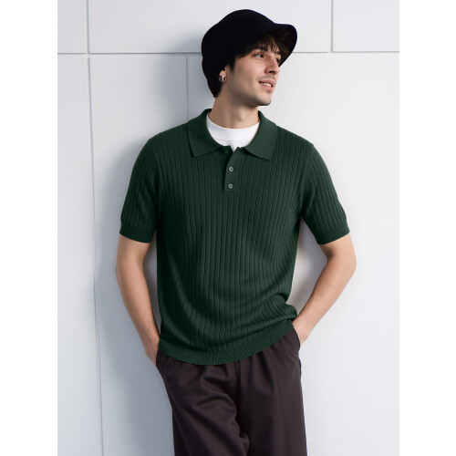 Herren Rippstrick Kurzarm Knopf-Front Klassisches Freizeithemd mit Kragen Grün M 2