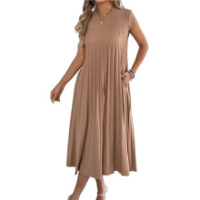 Women Summer Casual Midi Dresses Short Sleeve V Neck Elastic Waist Boho Beach Dress Khaki XL