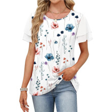 Women'S Summer Tops Trendy Ruffle Short Sleeve Shirts Casual Chiffon Blouses Vacation Clothes Watercolor Flower XXL