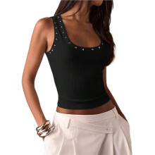 Damen Ärmelloses, Geripptes Tanktop mit Nieten, Quadratischem Ausschnitt, Figurbetont, Y2K, Crop Tops für Ausgehen Schwarz XL