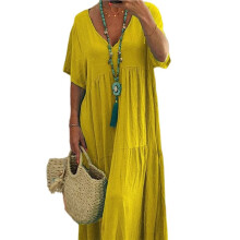 Women'S Summer Baggy Flowy Maxi Dress Beach V Neck Loose Casual Floor Length Long Dress Yellow L
